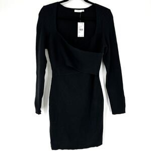 Lush Black Ribbed Wrap Bodice Long Sleeve Bodycon Sweater Mini Dress Womens Lrg